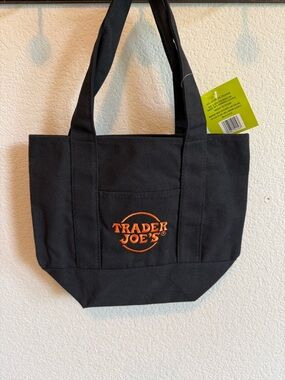 NWT Trader Joe's Black Canvas Mini Tote with Orange Logo & Front Pocket